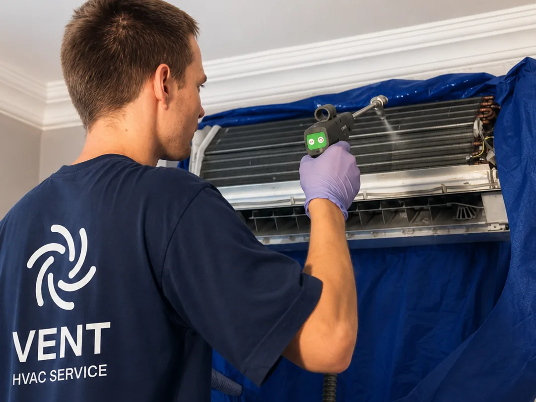 VentService technician cleaning an air conditioner